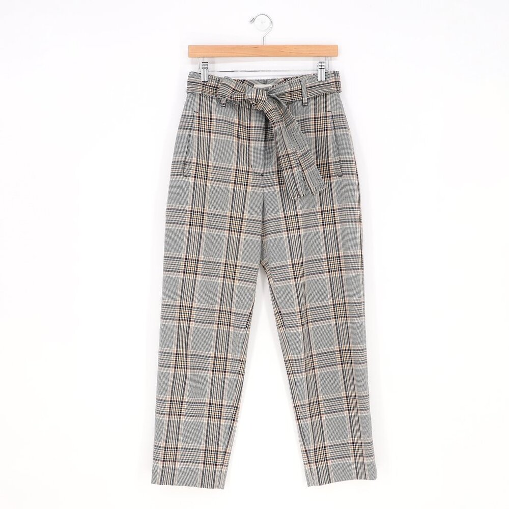 WILFRED ARITZIA Houndstooth Gray Plaid Tie Belt Paperbag Waist Ankle Pant Size 6